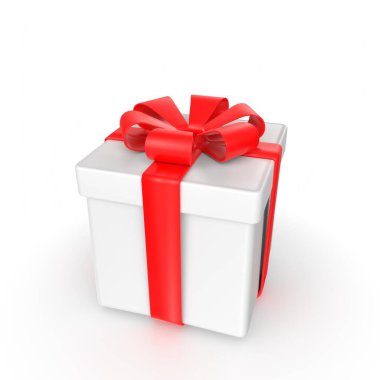 Beyaz arkaplanda kırmızı kurdeleli hediye kutusu