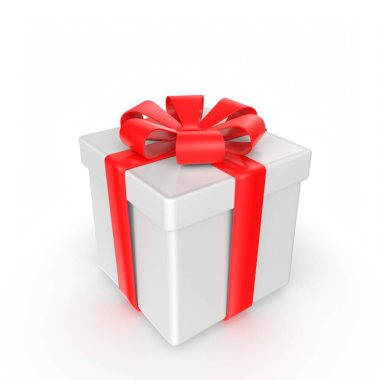 Beyaz arkaplanda kırmızı kurdeleli hediye kutusu