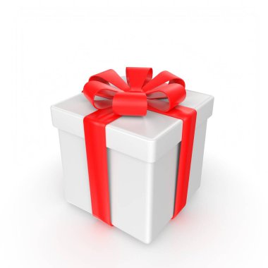 Beyaz arkaplanda kırmızı fiyonklu hediye kutusu