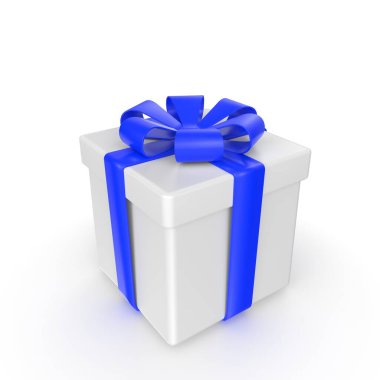 Beyaz arka plan üzerinde izole yay ile mavi hediye kutusu