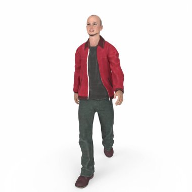 full length portrait of a handsome bald man with a beard and a jacket on his shoulder isolated on white