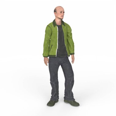 3d rendering of a man in a green suit and a t-shirt and glasses.