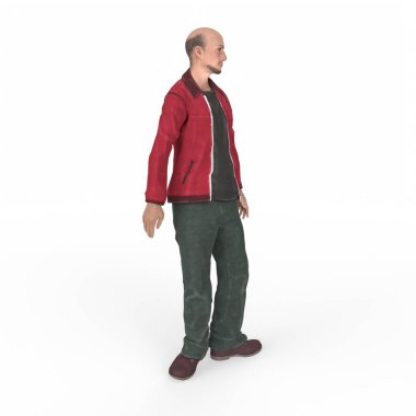 3d render of a man in a suit and a red t-shirt and jeans, standing in a
