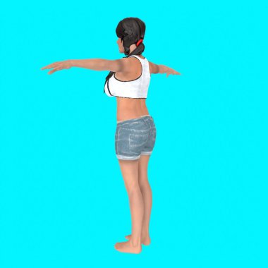 3d rendering of a beautiful young woman with a blue swimsuit on a yellow background