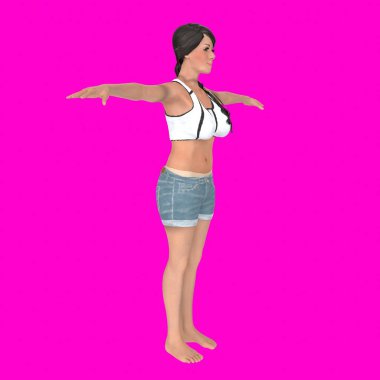 young beautiful woman with long hair in swimsuit and headphones posing on pink background