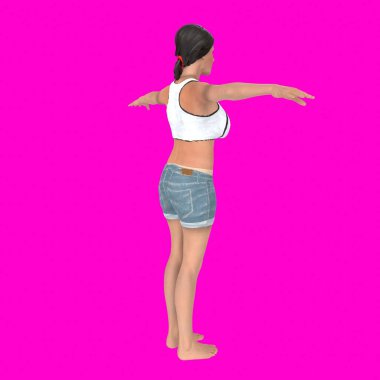 young woman in swimsuit with headphones on color background