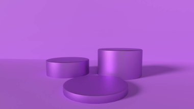 podium with 3d rendering of a pink cylinder on a purple background. minimal concept.