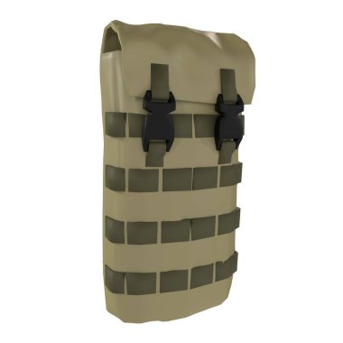 Siyah kayışlı, kahverengi bir sırt çantası.