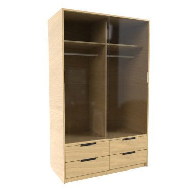 Cam kapıları ve dört çekmecesi olan ahşap bir gardırop.