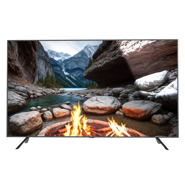 A large flat screen television shows a mountain range with a river