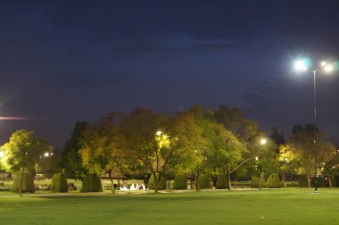 Geceleri banklarda oturan bir grup insanın olduğu bir park. Yüksek kalite fotoğraf