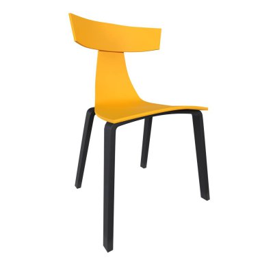 Parlak sarı bir sandalye, minimalist tasarımı ve sağlam yapısıyla tek başına ayakta duruyor..