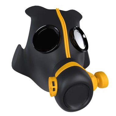 Siyah ve sarı tasarım elementlerinin yer aldığı bir gaz maskesinin detaylı 3D görüntülemesi.