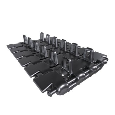 A 3D rendering showcases a series of black plastic tiles interlocked together on a flat surface. clipart