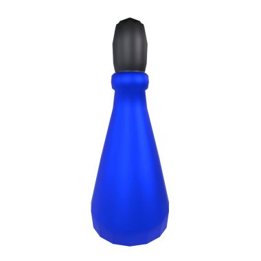 Siyah kapaklı, stilize edilmiş mavi bir şişe düz bir arkaplanda belirgin bir şekilde duruyor..