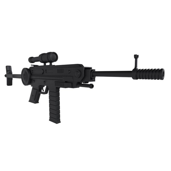 A detailed 3D rendering showcases a modern tactical rifle equipped with an optical sight.