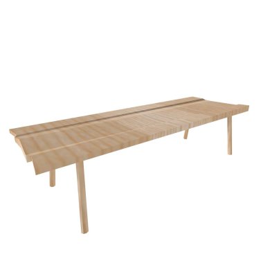 Uzun, ahşap bir masa, temiz ve minimalist bir alanda şık bir tasarım sergiler..