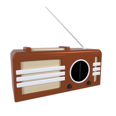 Basit bir kadranı ve düğmeleri olan, antenleri olan kahverengi, antika bir radyo, beyazın üzerinde tek başına duruyor..