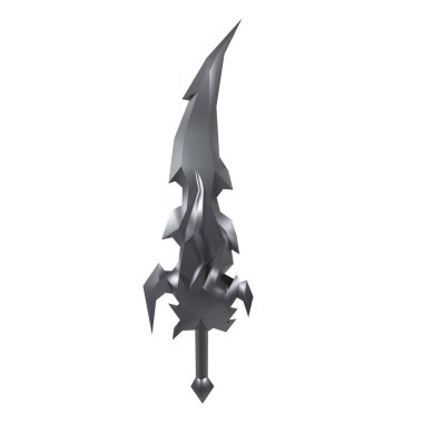 Keskin kenarlı ve karmaşık tasarlanmış bir mızrak beyaz bir arka planda, sanatsal sergileniyor..