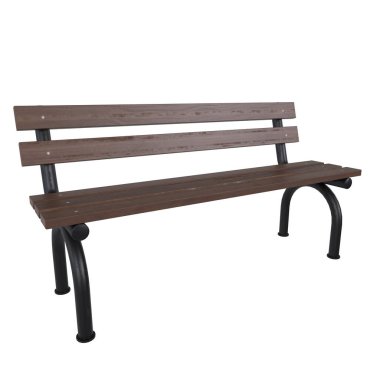 Koyu kahverengi bir kapağı ve sağlam siyah metal bacakları olan basit ahşap bir bank..