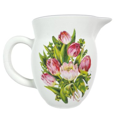 A beautifully crafted pitcher displaying vibrant pink tulips and green leaves, perfect for home decor. clipart