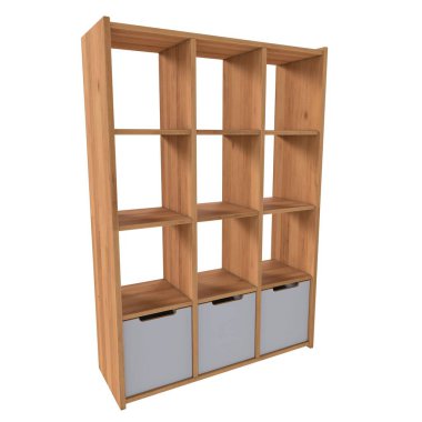 This 3D rendering showcases a contemporary wooden shelving unit featuring open shelves and two storage bins. The design offers both style and functionality for organizing various items. clipart