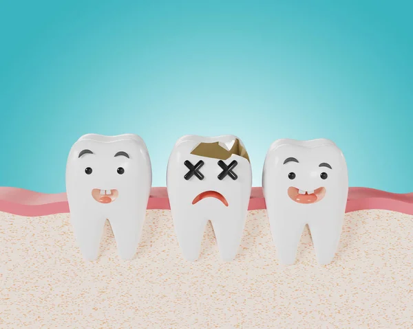 cartoon healthy and sick teeth in the gum. cute teeth