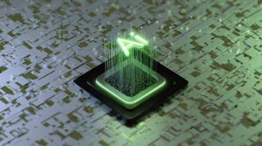 Parlayan Ai Verisi. Yapay zeka teknolojisi Chipset devre kartı. Blender 3d Uygulama ve Program geliştirme araçları ile içerik. Üretken Olmayan Yapay Zeka.