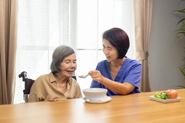 给亚洲老年妇女喂汤的护理员 — 图库照片