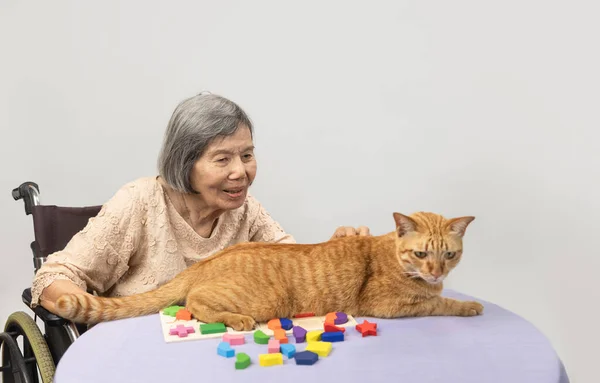 Pet therapy in dementia treatment on elderly woman.