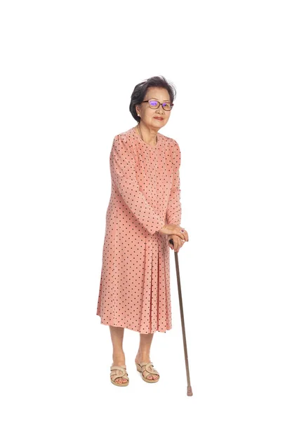 Oude Vrouw Met Lage Rugpijn Een Witte Achtergrond Staande Met — Stockfoto