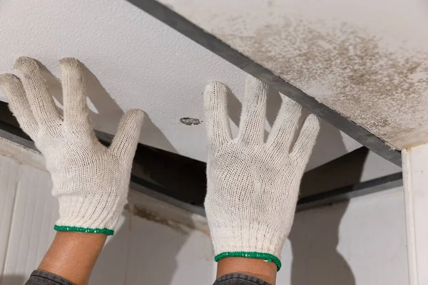 Worker Fix Leaking Pipe Ceiling Close Stain Ceiling — Foto de Stock