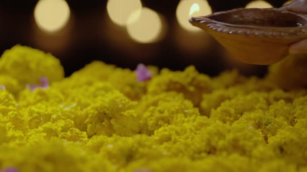 Rangoli Flor Caléndula Durante Celebración Diwali Diwali Deepavali Fiesta Más — Vídeos de Stock