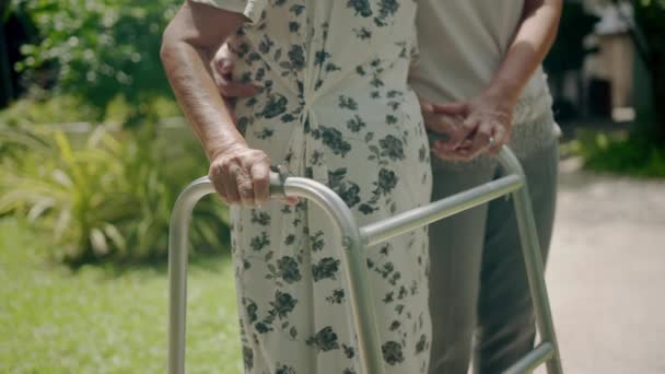 Asiatisk Senior Kvinna Koppla Promenader Med Dotter Trädgården — Stockvideo