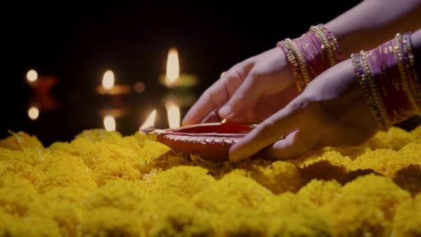 Clay Diya Lámpák Világított Diwali Ünneplés Diwali Vagy Deepavali India — Stock videók