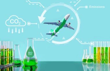 Yosun yakıtı biyoyakıt endüstrisi laboratuvarı sürdürülebilir bir havacılık yakıtı (SAF) olmak üzere biyo-havacılık yakıtı (BAF) araştırıyor.)