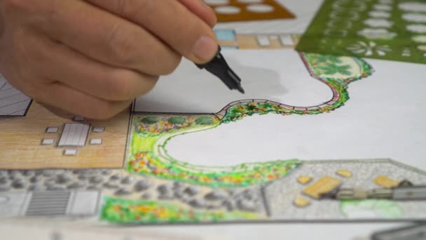 Paisaje Arquitecto Estudiante Aprendizaje Jardín Plan Diseño Mano Dibujo — Vídeos de Stock