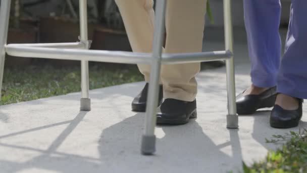 Elderly Woman Exercise Walking Backyard Caregiver — Vídeos de Stock
