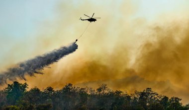 İtfaiye helikopteri orman yangınını söndürmek için su kovası taşıyor..