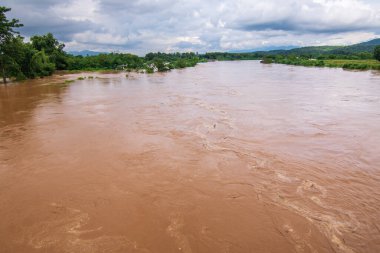 Güneydoğu Asya 'da Deadwood ve Erosion Riverbank ile Şiddetli Sağanak Yağmurdan Sonra Çamurlu Nehir Taşıyor.