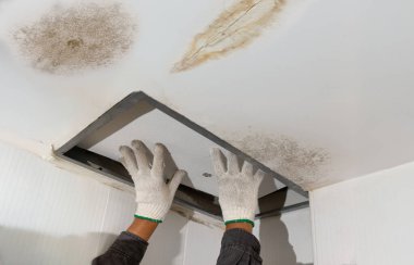 Worker fix leaking pipe in ceiling ,close-up of a stain on the ceiling.