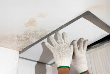 Worker fix leaking pipe in ceiling ,close-up of a stain on the ceiling.