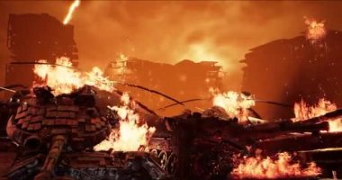 Bu video döngüsünde yıkılan çok katlı binaların arka planında yanan askeri araçlar görülüyor. Çerçevenin ortasında bir tank ve zırhlı personel taşıyıcısı var..