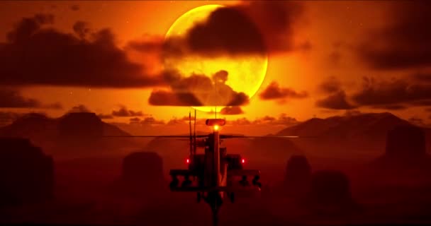 传说中的Ah 64D直升机 也叫阿帕奇 在明亮的月亮和深红的天空的背景下飞越了峡谷 — 图库视频影像
