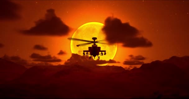 传说中的Ah 64D直升机 也被称为阿帕奇直升机 在明亮的月亮和深红的天空的背景下飞越峡谷上空 — 图库视频影像