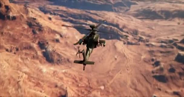 传说中的Ah 64D直升机 也被称为阿帕奇直升机 在峡谷上空飞行 — 图库视频影像