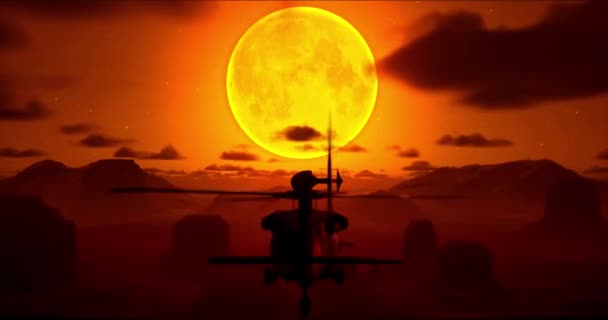 伝説のUh 60ヘリコプター 別名ブラックホークは 明るい月と真紅の空を背景に離れて移動し 渓谷を飛んでいます — ストック動画