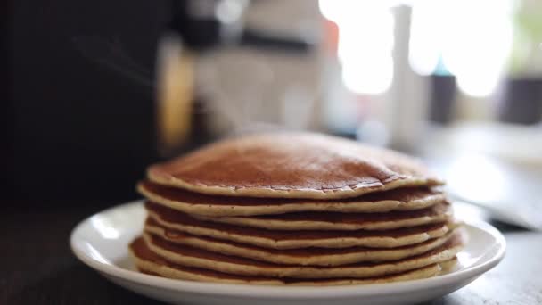 Stacking Freshly Cooked Pancakes Pile — Stock Video