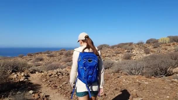 スペインのテネリフェ島の南にある砂漠の台地の上をバックパックで歩く若い女性 — ストック動画