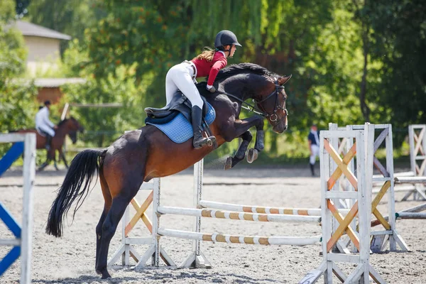 Junge Reiterin Überspringt Hürde Auf Springparcours Bei Pferdesport Veranstaltung — Stockfoto